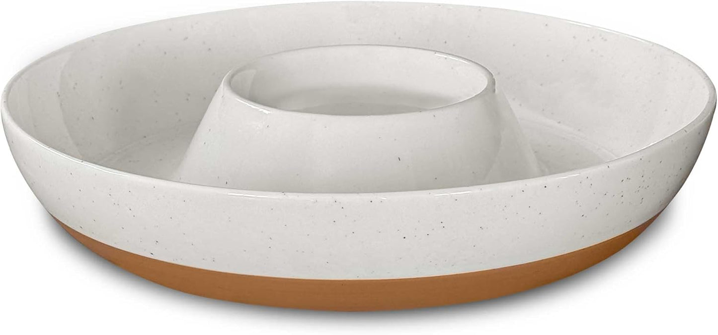 Mora Ceramic Chips and Dip Serving Tray: Large Divided Party Bowl Set for Chips & Salsa, Veggies & Dip, Fruit, Snacks, Entertaining, Hosting, etc. Minimalist Design for the Modern Hostess - White