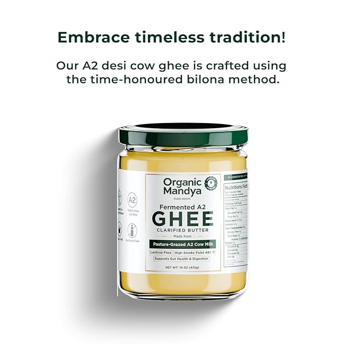 Organic Mandya Grass Fed Ghee A2 Butter, Pasture Raised, Lactose Free, Stress-Free Cattle, Ethically Sourced | Fermented A2 Ghee (16 oz / 475 ml)