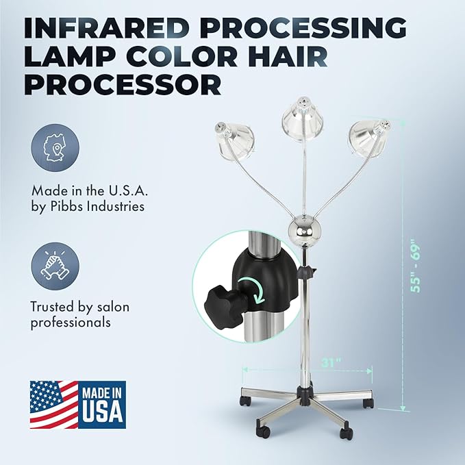 Pibbs TL931 Infrared Hair Color Processing Lamp - 3 Head Adjustable Infrared Dryer with Flexible Chrome Arms, 750W Heat Output, Deluxe Height-Adjustable Base & 5 Rolling Casters, Model TL931