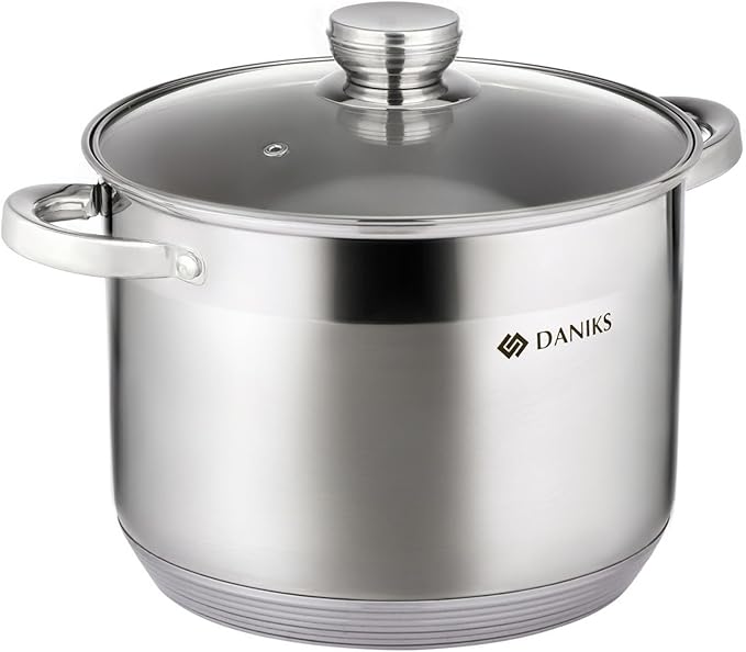 Daniks Standard 10 Quart Stainless Steel Stock Pot with Glass Lid, Try-Ply Bottom for Even Heating, Induction Compatible, Dishwasher Safe, Built-In Measuring Scale, Silver