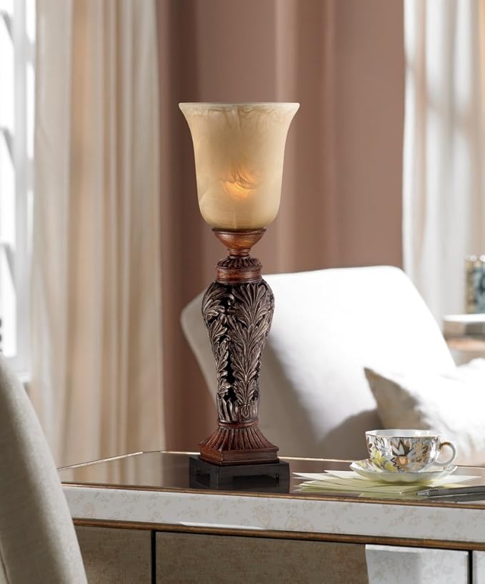 Regency Hill Traditional Accent Table Lamp 24" High Double Bronze Brown Carved Leaf Uplight Alabaster Glass Shade for Bedroom Living Room Nightstand Bedside Night Stand Office Kids Room