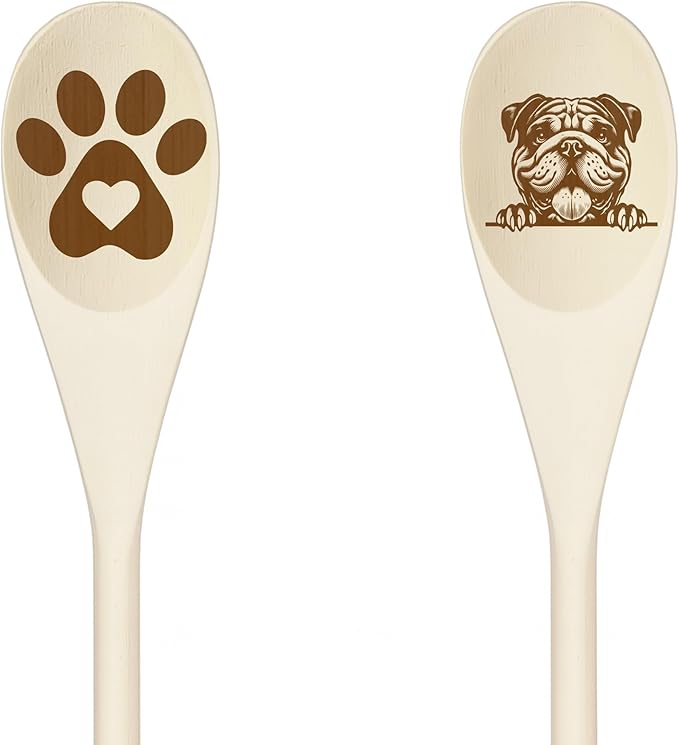 Decorative Wooden Spoons with Peeking Dog Designs, Paw Print and Dog Head, Kitchen Utensils Set of 2 (ENGLISH BULLDOG)