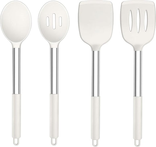 TeamFar Kitchen Utensils, 4 PCS Silicone Cooking Utensils with Stainless Steel Handle, for Nonstick Cookware Frying/Flipping/Draining, Non-toxic & Heat-proof, Non-scratch & Dishwasher Safe