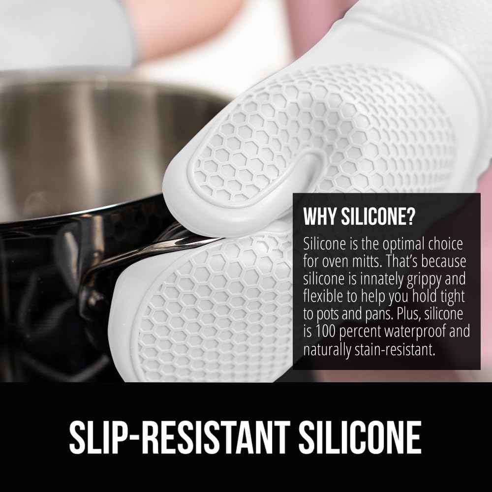 GORILLA GRIP BPA-Free Soft Silicone Oven Mitts, 14.5x8.3, Heat Resistant and Waterproof Cooking Gloves, Thick Cotton Lining, Flexible Gripping for Baking Grilling, Kitchen Potholders Set of 2, White