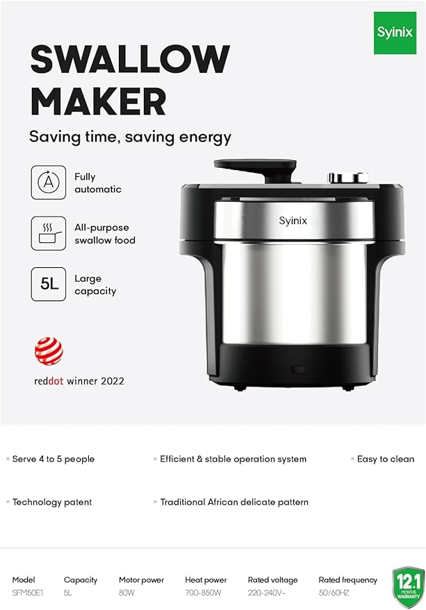Syinix Swallow Maker Pro – Automatic African Food Swallow Mixer, Food Processor, Food maker, Fufu Machine for Fufu, Pounded Yam, Banku, Semolina, Mashed Potato