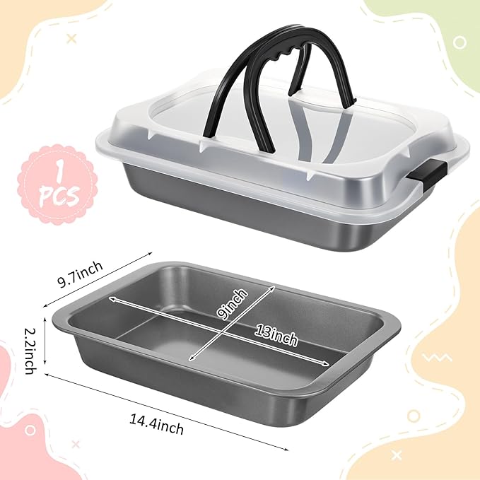 1 Pcs Cake Baking Pan with Lid and Handle, 9 x 13 Inch Non-stick Rectangle Sheet Cake Pan Carrier for Brownie Roasting Cooking Baking (Black Gray)