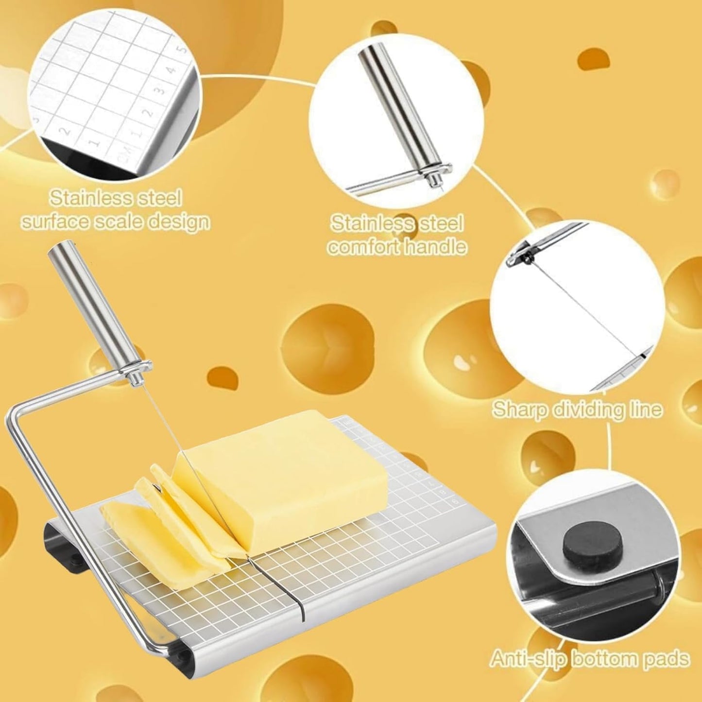 Cheese Slicer with Board for Block Cheese - Heavy Duty Adjustable Cheese Cutter Board with 11 Replacement Wires, Ergonomic Design Adjustable Stainless Steel Cheese Cutter with Precision Scale
