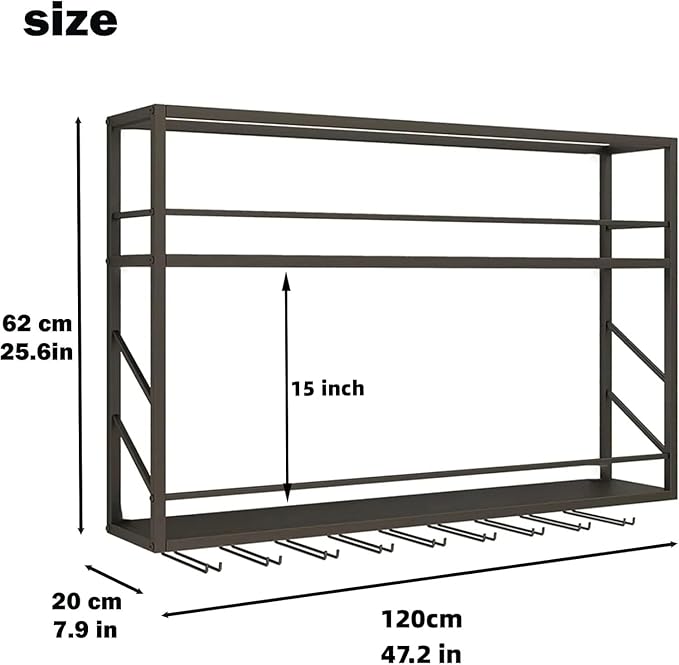 Wall Mounted Wine Rack 2 Tier, Metal Bar Liquor Shelves and Glass Holder,Wall Bar Shelf Wine Display Storage Holder for Home Bar, Dining Room, Kitchen (47.2×7.8×26in)