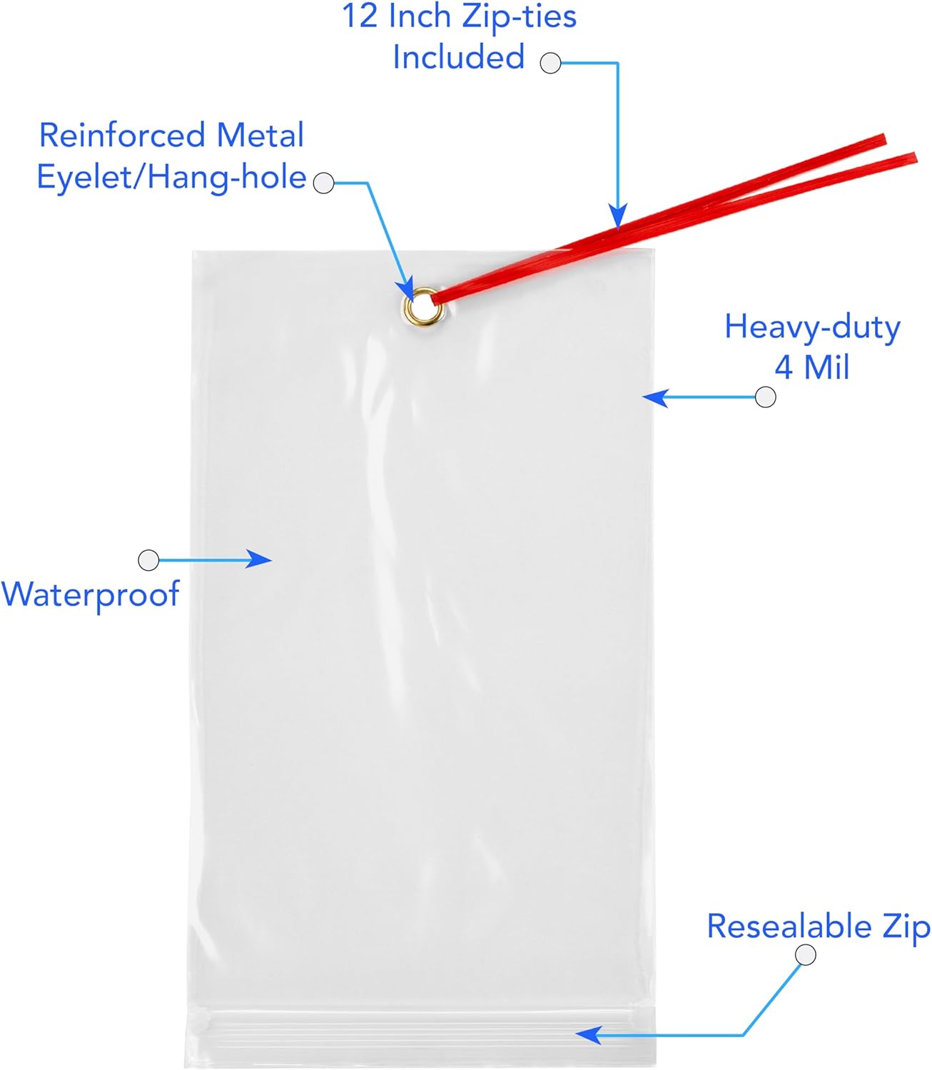 GPI - 5.5" x 9" Reclosable Zip Bags with Bottom Hang-hole & Pre-inserted 12" Twist-tie. 4 Mil Heavy-duty Resealable Zipper Baggy with Grommet/Metal Eyelet for Hanging (Insert Size 5x7.5) 100 Pack