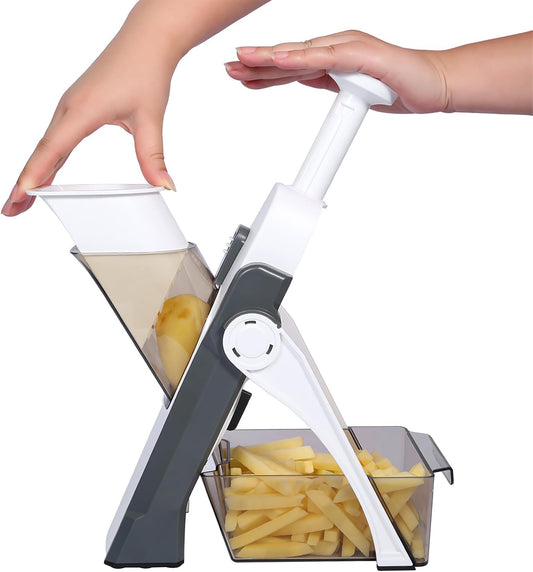 ShanSon Safe Mandoline Slicer,French Fry Cutter,Multifunctional Vegetable Chopper,Mandoline Potato Slicer with 25+ Presets & Thickness Adjuster, Chopping Artifact for Kitchen Meal Prep,Gray