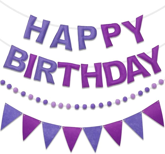 Pre-Strung Happy Birthday Banner & Felt Garland Set - Ombre Purple Birthday Decorations for Women Men Boys Girls | Reusable Party Supplies for Indoor & Outdoor