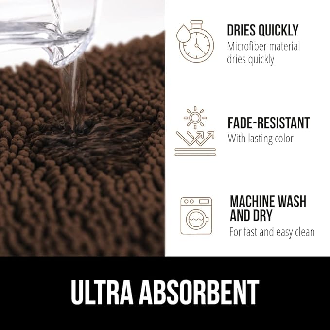GORILLA GRIP Bath Rug Mat 48x24, Thick Soft Absorbent Chenille, Quick Dry Microfiber Mats, Rubber Backing Washable Shower Floor Rugs, Bathmat Runner, US Designed Bathroom Home Decor Accessories Brown