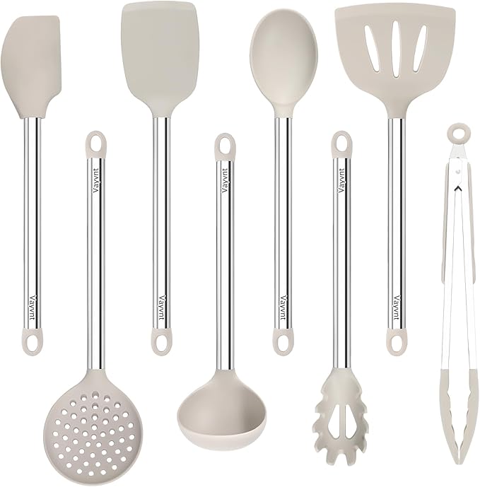8 Pieces Kitchen Utensils Set, Vayvnt Silicone Cooking Utensils Set for Non-Stick Cookware, Stainless Steel Handle, Heat Resistant Kitchen Gadgets Includes Large Spatula Tongs, Dishwasher Safe, Khaki