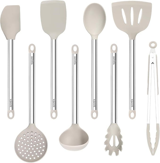 8 Pieces Kitchen Utensils Set, Vayvnt Silicone Cooking Utensils Set for Non-Stick Cookware, Stainless Steel Handle, Heat Resistant Kitchen Gadgets Includes Large Spatula Tongs, Dishwasher Safe, Khaki