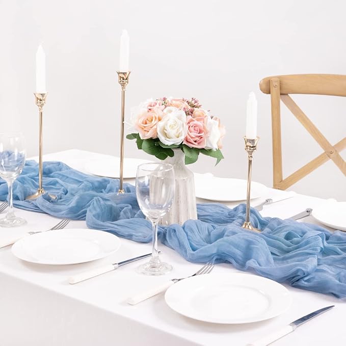 MLMC 12 Pack Dusty Blue Table Runner 10ft Boho Gauze Cheesecloth Table Runner 35x120 Inches Rustic Cheese Cloth Centerpiece for Wedding Bridal Shower Baby Shower Party Decor