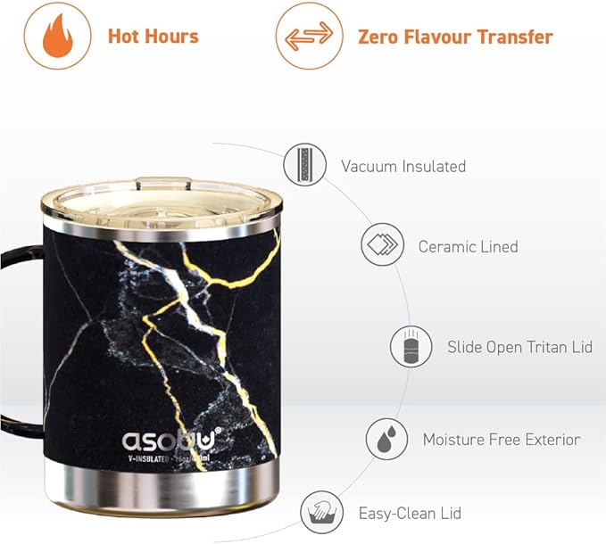 asobu Ultimate Stainless Steel Ceramic Inner Coating Coffee Mug with Double Walled Copper Lining Insulation, 12 Ounces (Midnight Marble)