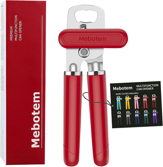 10 Colors, Manual Handheld Heavy Duty Hand can Opener Smooth Edge Stainless Steel, Top Lid Kitchen Gadgets, Best Large Rated Easy Turn Knob, with Bottle Opener, Red