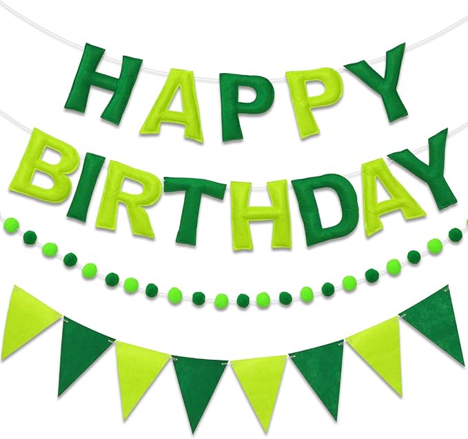 Pre-Strung Happy Birthday Banner & Felt Garland Set - Ombre Green Birthday Decorations for Women Men Boys Girls | Reusable Party Supplies for Indoor & Outdoor
