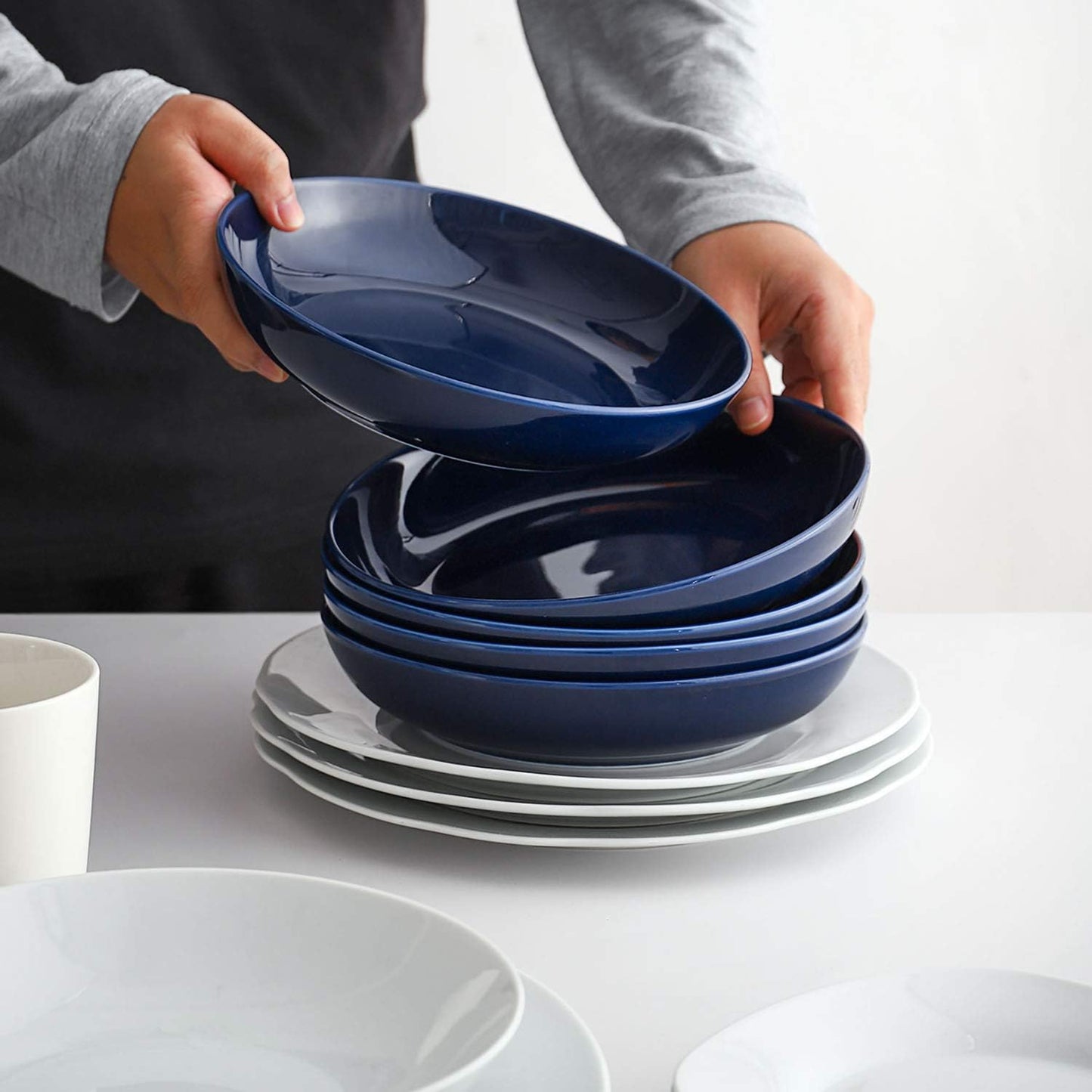 Y YHY Pasta Bowls, 30oz Soup Bowls Salad Bowls Large Serving Bowl Porcelain Pasta Plates Wide and Shallow Bowls Set of 6 Microwave Dishwasher Safe, Blue