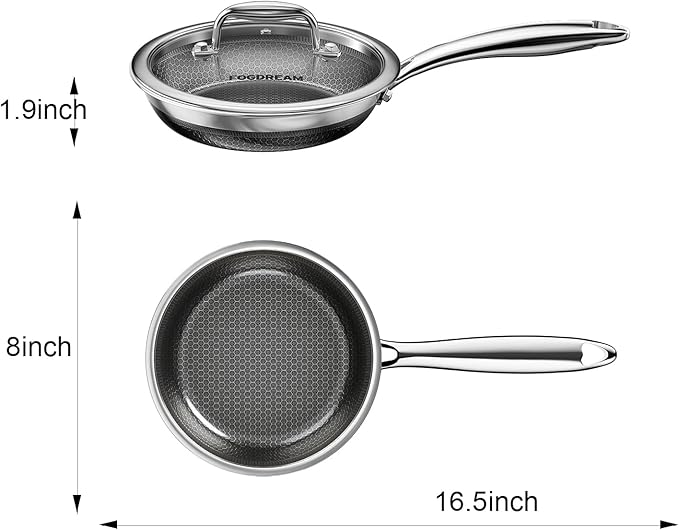 Fogdream 8” Non Stick Frying Pans, Stainless Steel Skillet with Lid, Tri-Ply Stainless Steel for All Cooktops, Dishwasher and Oven-Safe Cooking Pan, Stay-Cool Handle, Silver