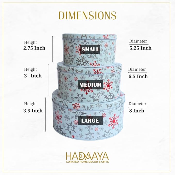 Pack of 3 Round Snowflake Christmas Tin Set – Stackable Holiday Storage Containers with Red and Silver Snowflake Design | Perfect for Cookies, Candy, and Gifts | Decorative Winter Gift Boxes