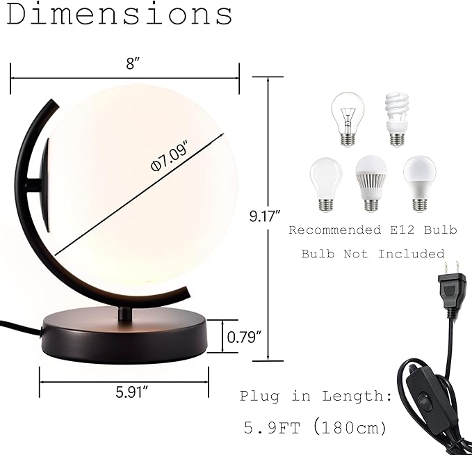 Modern Globe Table Lamp - 7.1" Opal Glass Shade, Black Metal Base - Mid Century Small Lamp for Bedroom Nightstand, Office Desk - Plug-in with 5.9FT Cord & On/Off Switch-Decorative Bedside Table Light