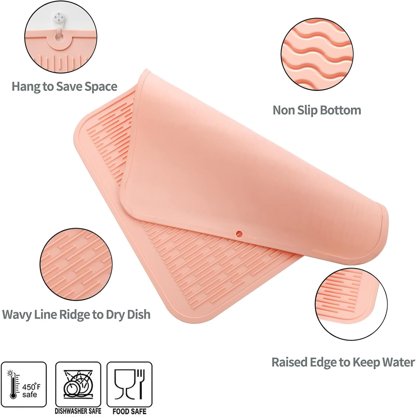 Silicone Dish Drying Mat for Multiple Usage,Easy clean,Eco-friendly,Heat-resistant Silicone Mat for Kitchen Counter or Sink,Refrigerator or Drawer Liner Pink XL 18 inches x 16 inches