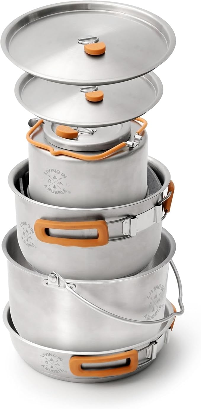 Living in a Bubble Premium 7-Piece Stainless Steel Cooking Set. Tri-Layer Bonded Stainless-Steel - Ergonomic Handles with Silicone Sleeve - Compact & Stackable