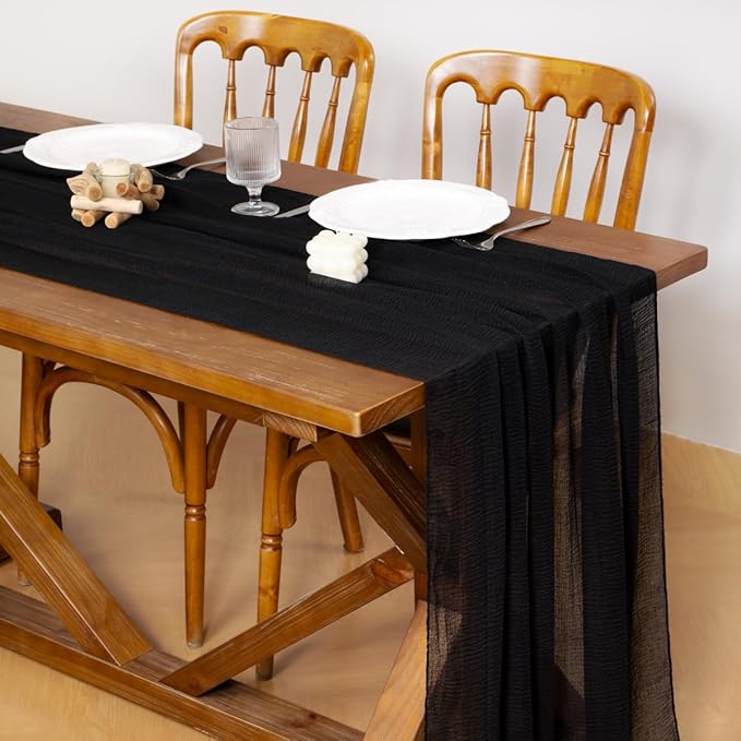 Socomi 6pcs Black Cheesecloth Table Runner Fall Thanksgiving Gauze 120 Inch Rustic Boho Cheese Cloth Runner for Wedding Party Baby Bridal Shower Centerpiece Decoration Holiday Home Decorations