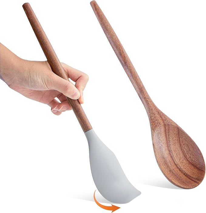 Wooden Spoons Cooking 1pcs Wooden Spoons For Cooking and 1pcs Silicone Spatula Acacia Cooking Spoon Wooden Non-Stick Wood Utensil Silicone Scraper Spatula, Kitchen Utensils Cooking Spoon for Serving