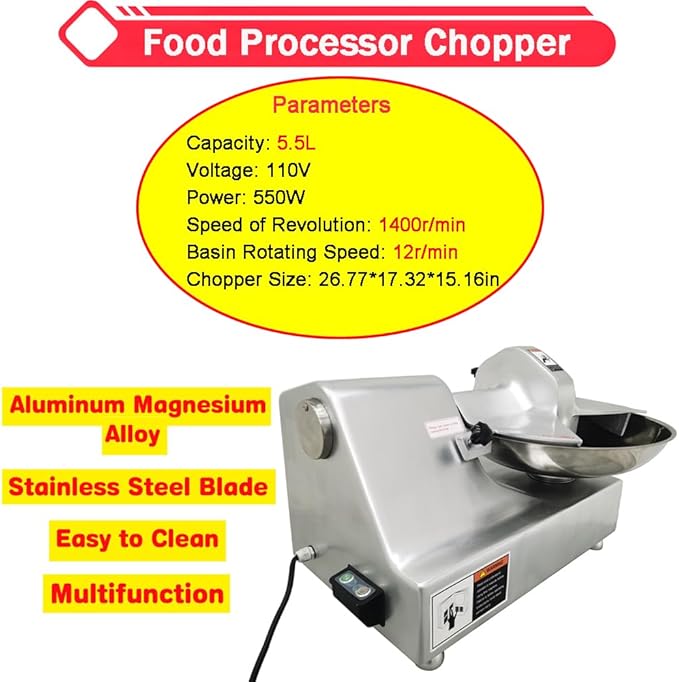 5.5L Commercial Food Processor 550W Electric Meat Vegetable Chopper Multifunctional Food Grinder Blender Cutter for Meat Vegetables Fruits Ginger Garlic 1400r/min