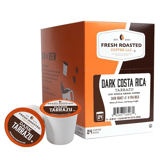 Fresh Roasted Coffee, Dark Costa Rica Tarrazu, Dark Roast, 24 Pods for K Cup Brewers