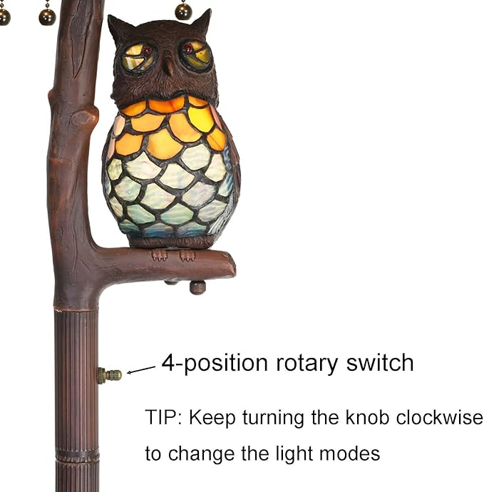Bieye L10766 Grapes Tiffany Style Stained Glass Double-Lit Floor Lamp with Owl Night Light, 18" Wx65 H