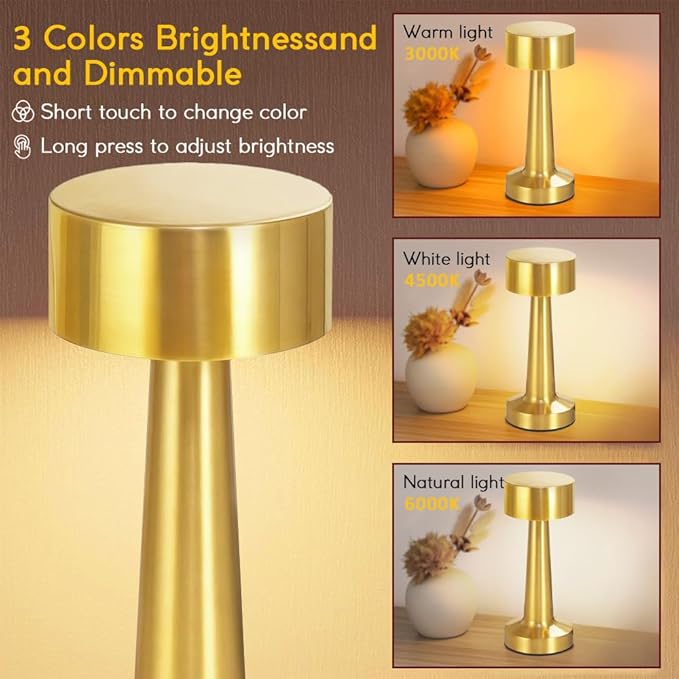 Portable LED Table Lamp, 3-Levels Brightness Metal Desk Lamp,3 Color Touch Control Rechargeable Lamp, Ideal Bedside Lamp for Nightstand,Bedroom, Living Room (Gold)