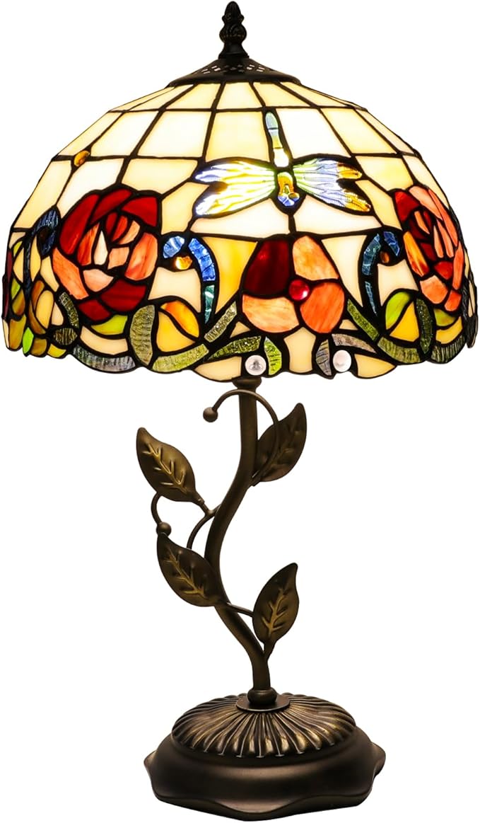 Stained Glass Table Lamp, Dragonfly Rose Style Lampshade & Metal Leaf Antique Base Desk Reading Light 12X12X19 Inches Decor for Bedroom Living Room Office