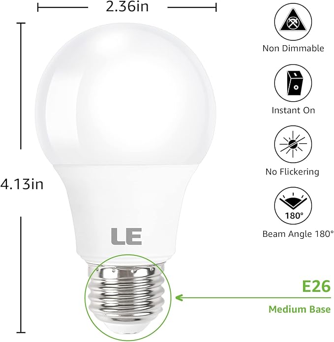 LE LED Light Bulbs 60 Watt Equivalent, 9W 800 Lumens Non-Dimmable, Soft Warm White 2700K, A19 E26 Standard Medium Base, 10000 Hour Lifetime 5 Count (Pack of 1)