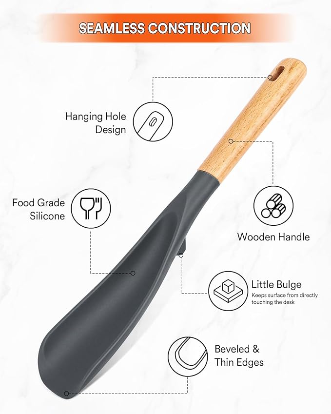 Cooking Spoon for Nonstick Cookwares, Great for Cooking and Serving Sturdy BPA-Free Matte Silicone, Wood Handle Spoon for Mixing, Scoop, and Scrape (GREY)