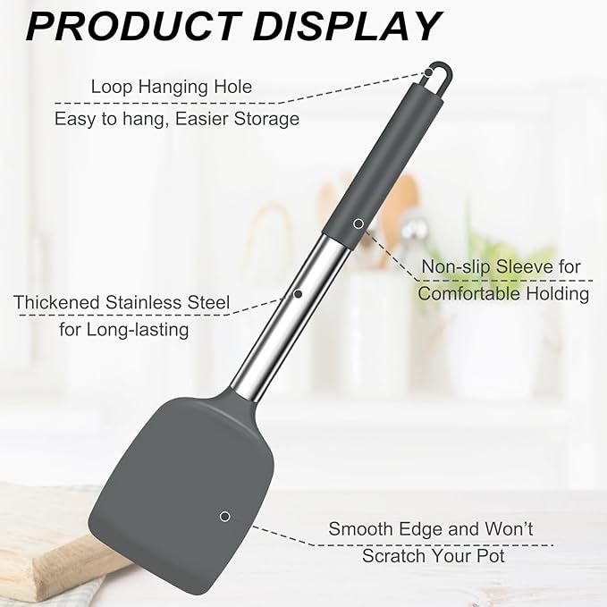 TeamFar Kitchen Utensils, 4PCS Heat-proof Silicone Cooking Utensils Set Slotted Spatula Solid Turner Spoon with Stainless Steel Handle, for Non-stick Cookware Flipping, Frying, Draining – Gray