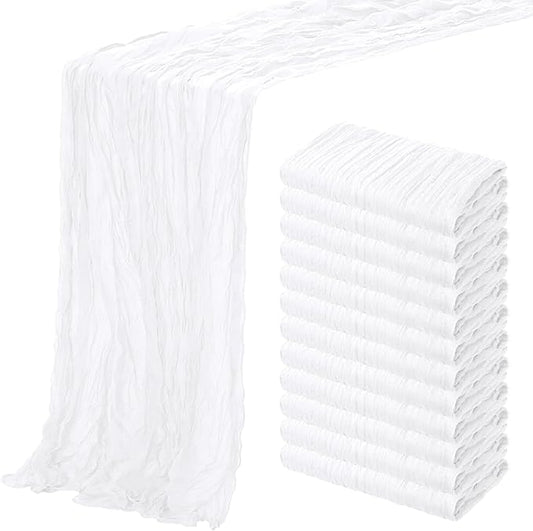 Aktor 12 Pack White Cheesecloth Table Runner 10Ft Gauze Table Runner Boho Semi Sheer Cheese Cloth Fabric Runners for Wedding Birthday Baby Shower Party Table Decoration（White）