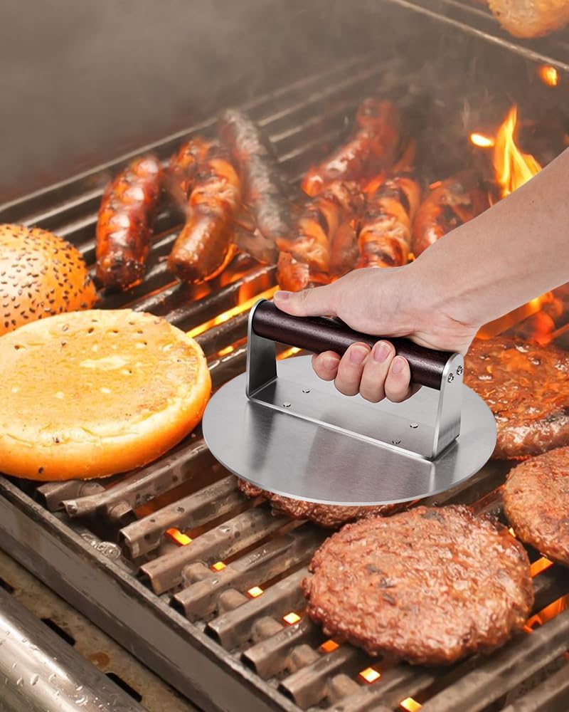 Brigii Burger Press Smasher, 2.5lb Heavy-Duty Stainless Steel, with Flat Nonstick Surface and Wooden Handle, for Hamburger Patty, Bacon, Steak, BBQ Grilling, Dishwasher Safe