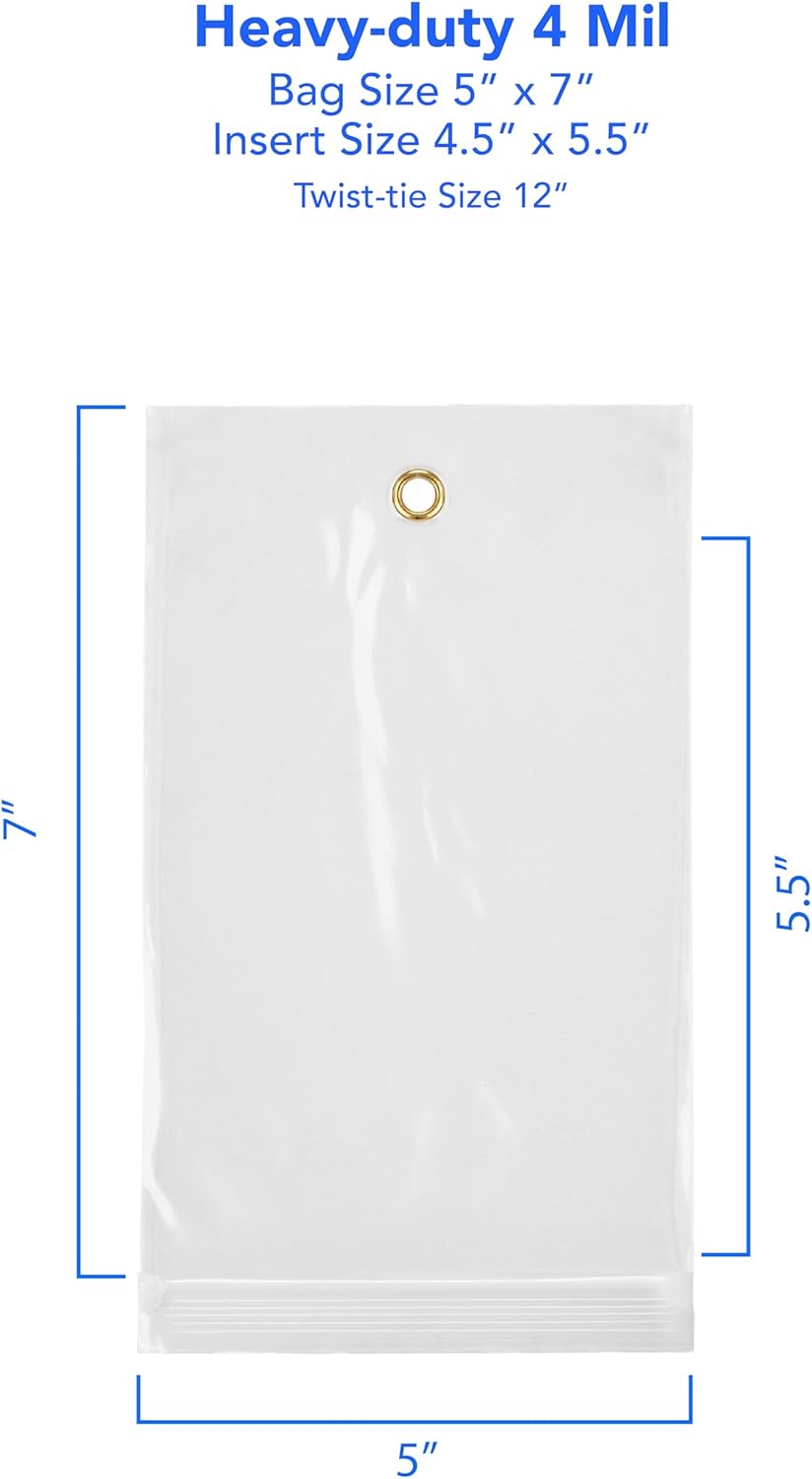 GPI - 5" x 7" Reclosable Zip Bags with Bottom Hang-hole & Pre-inserted 12" Twist-tie. 4 Mil Heavy-duty Resealable Zipper Baggy with Grommet/Metal Eyelet for Hanging (Insert Size 4.5x5.5) 100 Pack