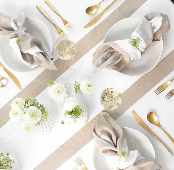Solino Home Linen Table Runner 60 Inches - 100% Pure Linen Natural and White Table Runner 14 x 60 Inch Ideal for Dresser and Coffee Tables - Christmas, Winter, New Year - Contempo