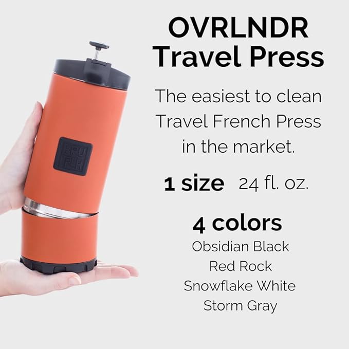 BruTrek OVRLNDR Travel Coffee French Press, 24 fl.oz Capacity, Double Wall Vacuum Insulated, Easy To Clean Removable Bottom, No Spill Lid, On The Go Coffee Brewing (Obsidian)
