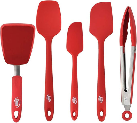 Kaluns 5-Piece set Includes 3 Silicone Spatulas 1 Turner and 1 9" Tong Kitchen Tools Best for Cooking,Baking and Mixing, Strong Stainless steel core design Non-stick and 600F Heat resistant