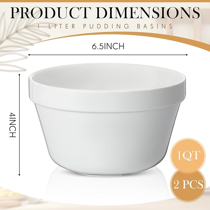 2 Pieces Ceramic 1 Qt Pudding Basins White 6.5 Inch Christmas Pudding Mold Bowls for Steaming Ovenproof Durable and Sturdy Porcelain Steamed Plum Puddings Basin Bowl Easy to Clean
