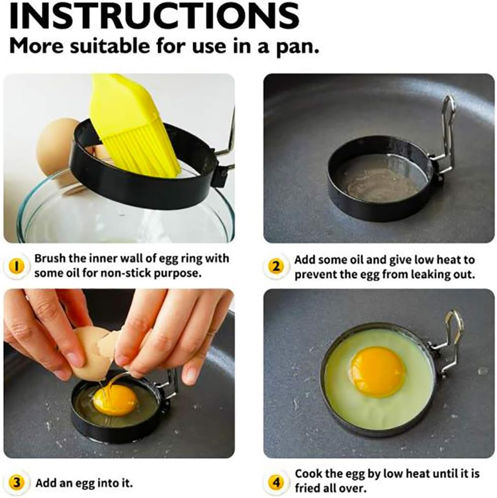Egg Ring for Frying Eggs and English Muffin - Round Egg Shaper Mold with Anti-scald Handle - Stainless Steel Non-stick Egg Cooker Ring - 4 Pack