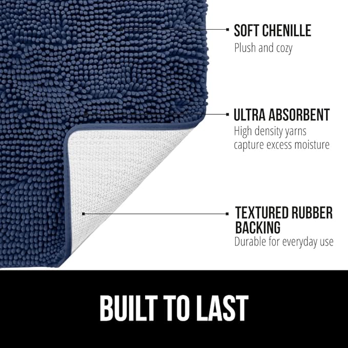 GORILLA GRIP Bath Rug Mat 48x17, Thick Soft Absorbent Chenille, Quick Dry Microfiber Mats, Rubber Backing Washable Shower Floor Rugs, Bathmat Runner, US Designed Bathroom Home Decor Accessories Navy