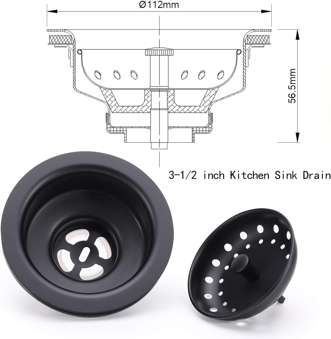 KONE 3-1/2 Inch Kitchen Sink Stainless Steel Basket Strainer Water Stopper with Drain Assembly, Black Finish Rustproof and Durable