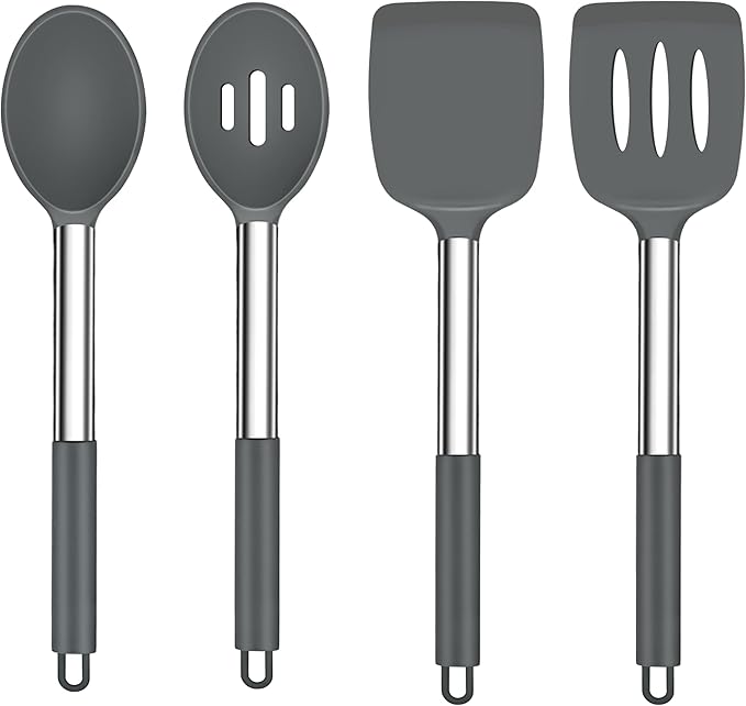 TeamFar Kitchen Utensils, 4PCS Heat-proof Silicone Cooking Utensils Set Slotted Spatula Solid Turner Spoon with Stainless Steel Handle, for Non-stick Cookware Flipping, Frying, Draining – Gray