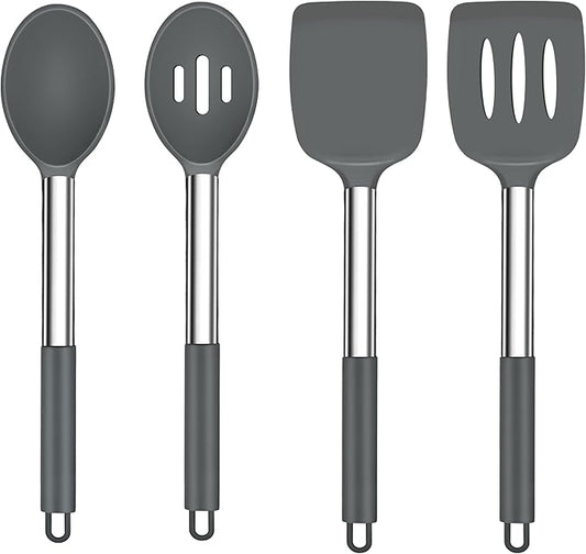 TeamFar Kitchen Utensils, 4PCS Heat-proof Silicone Cooking Utensils Set Slotted Spatula Solid Turner Spoon with Stainless Steel Handle, for Non-stick Cookware Flipping, Frying, Draining – Gray
